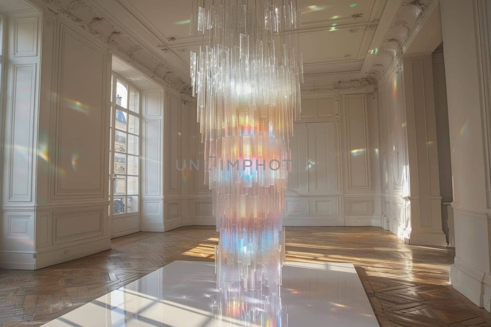 A large chandelier hangs from the ceiling in a large, empty room. The chandelier is made of glass and is illuminated by sunlight streaming in through the windows