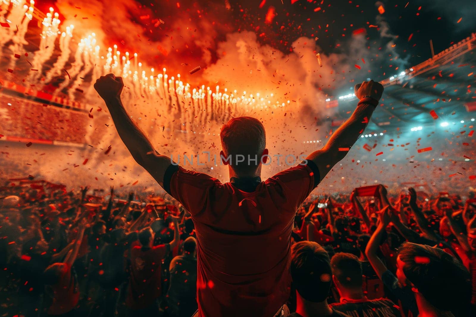A man is standing in a crowd of people, holding his arms up in the air. The crowd is cheering and there are fireworks in the background. Scene is celebratory and energetic