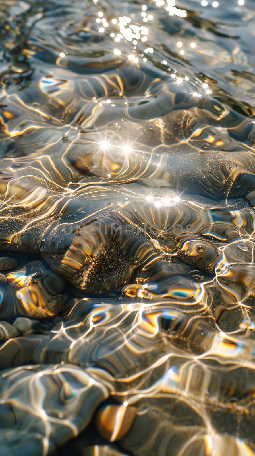 The water is reflecting the sun's rays, creating a beautiful and serene scene. The water is calm and still, with ripples forming around the rocks