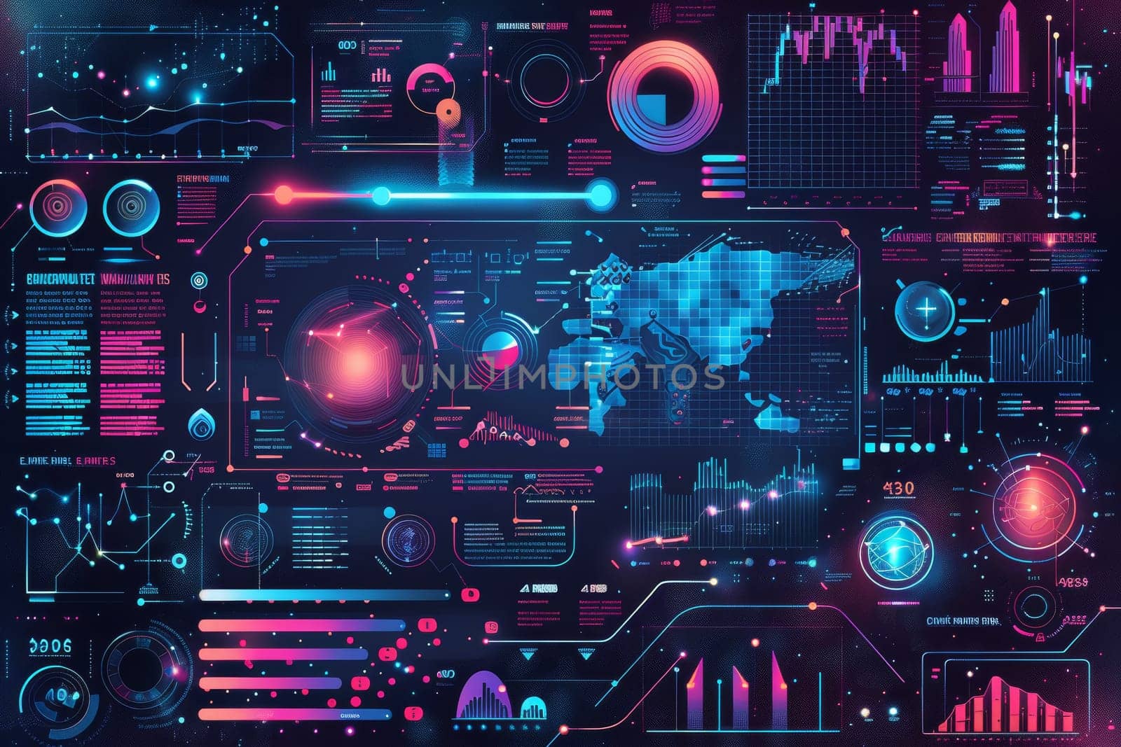 A colorful computer monitor with many different graphs and numbers. Concept of technology and data analysis