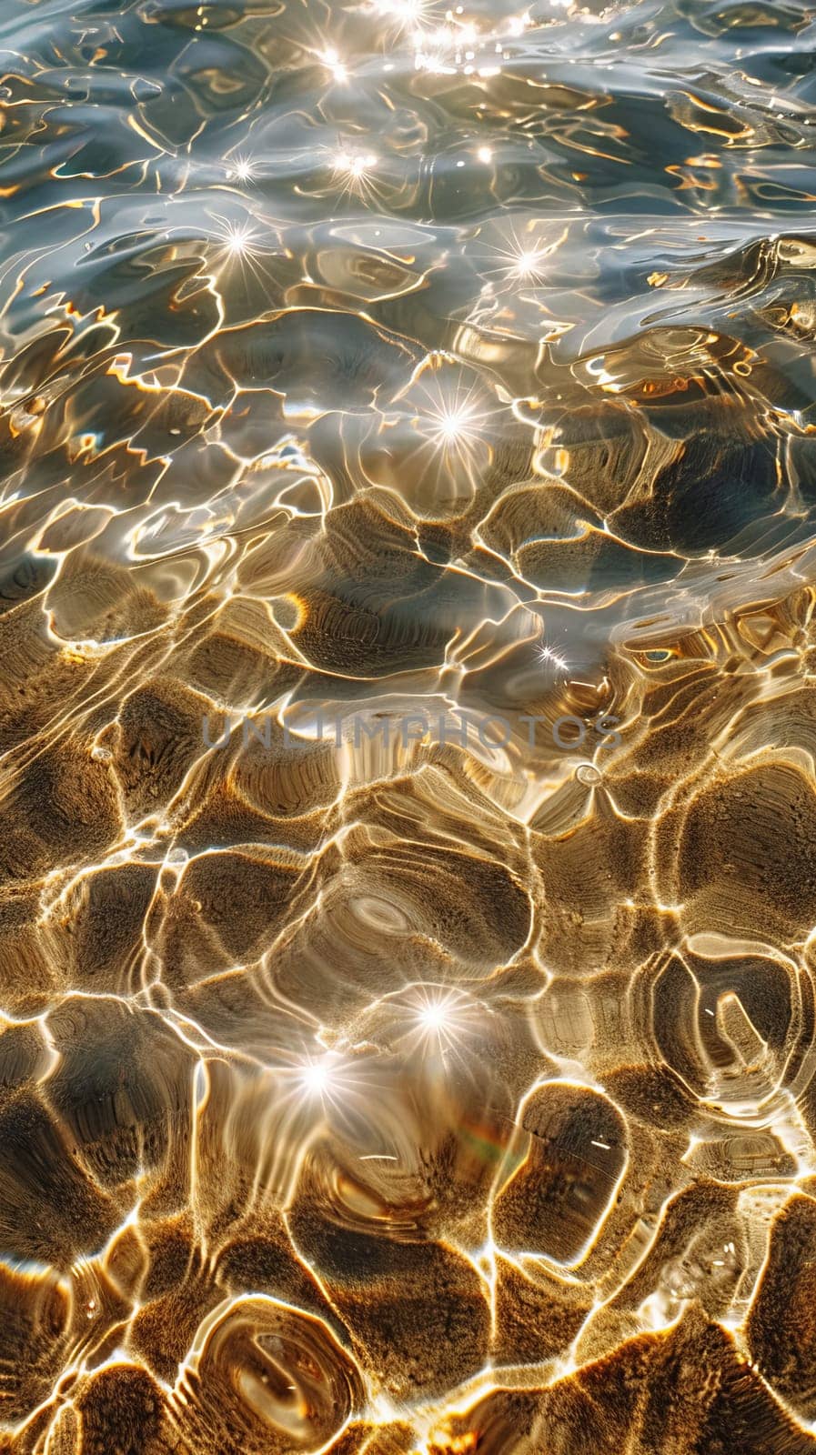 The water is reflecting the sun's rays, creating a beautiful and serene scene. The water is calm and still, with ripples forming around the rocks