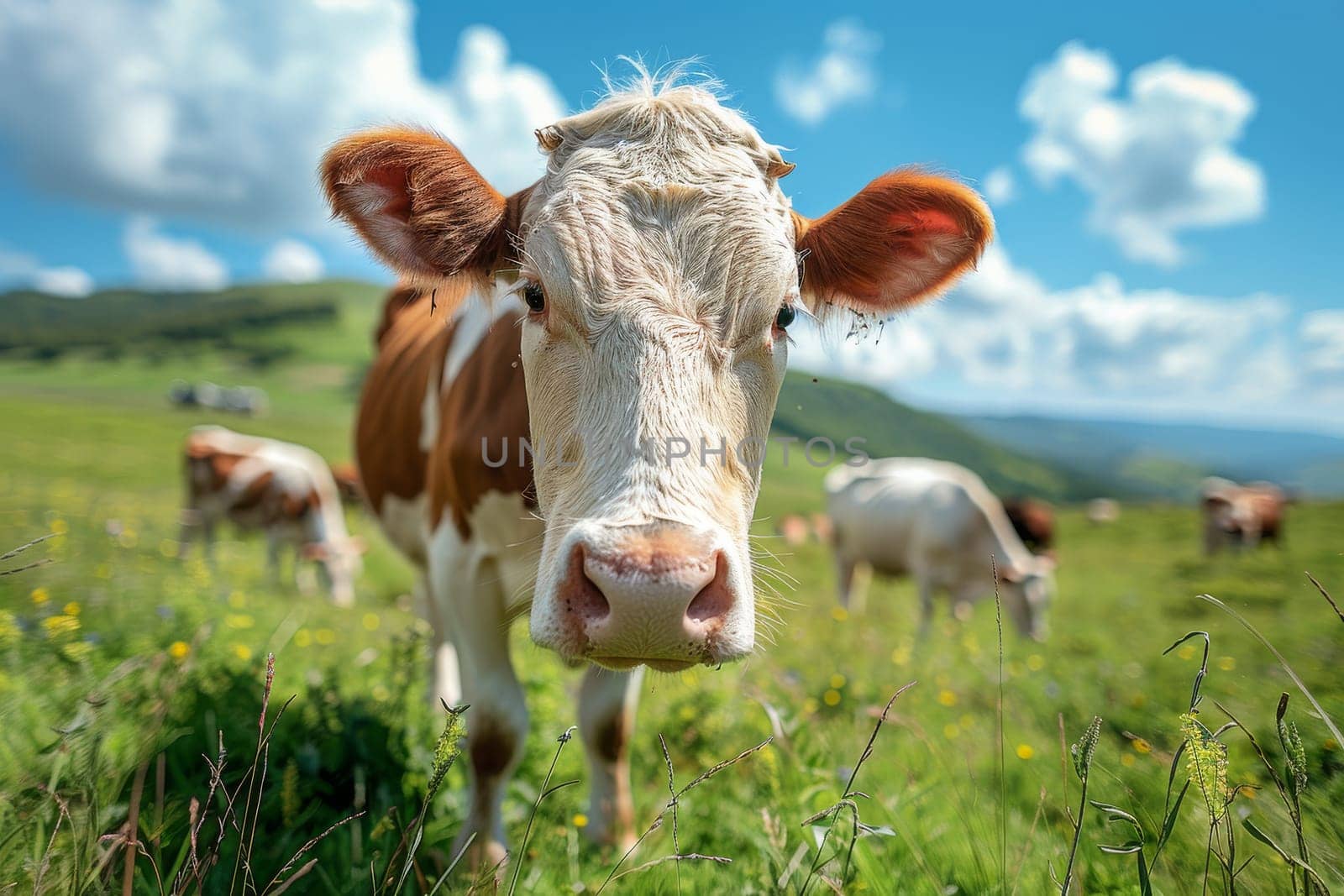 A cow is standing in a field with other cows. The cow is looking at the camera