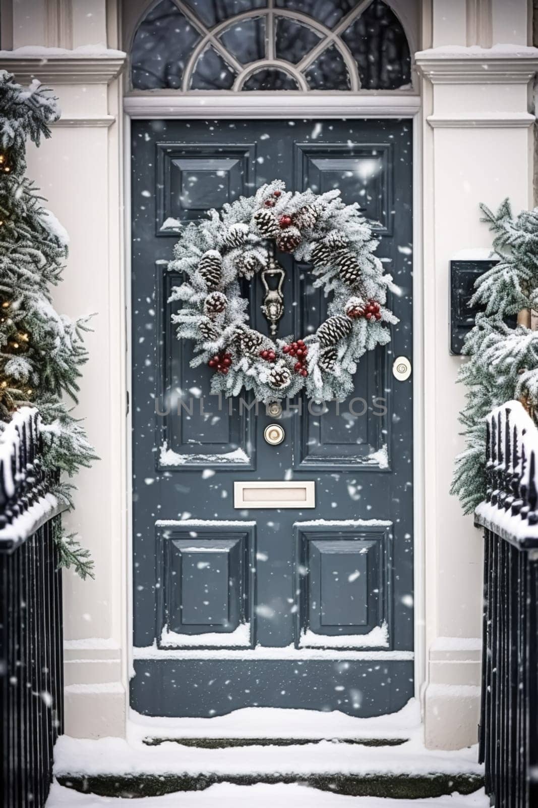 Christmas holiday, country cottage and snowing winter, wreath decoration on a door, Merry Christmas and Happy Holidays wishes, post-processed, generative ai