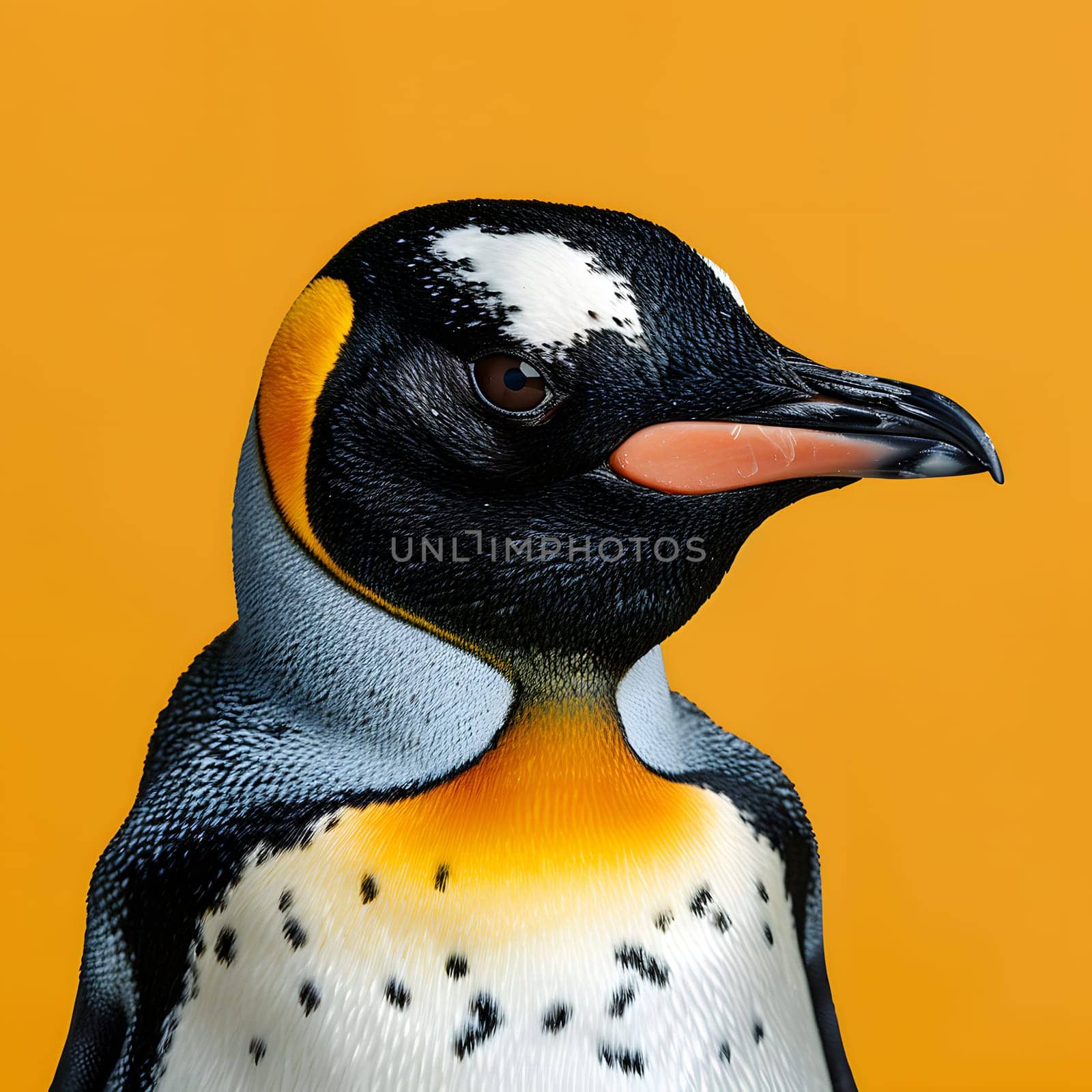 a close up of a penguin on a yellow background by Nadtochiy