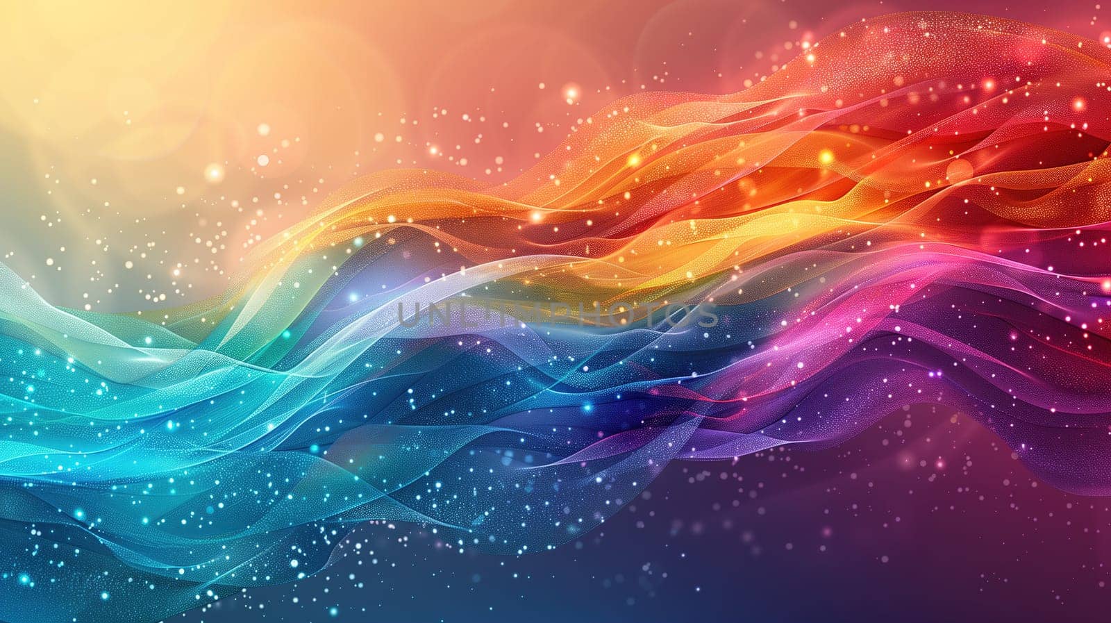 The abstract background features vibrant waves and stars in a colorful display. The waves flow dynamically across the image, creating a sense of movement and energy. Contrasting hues and patterns enhance the overall visual impact.