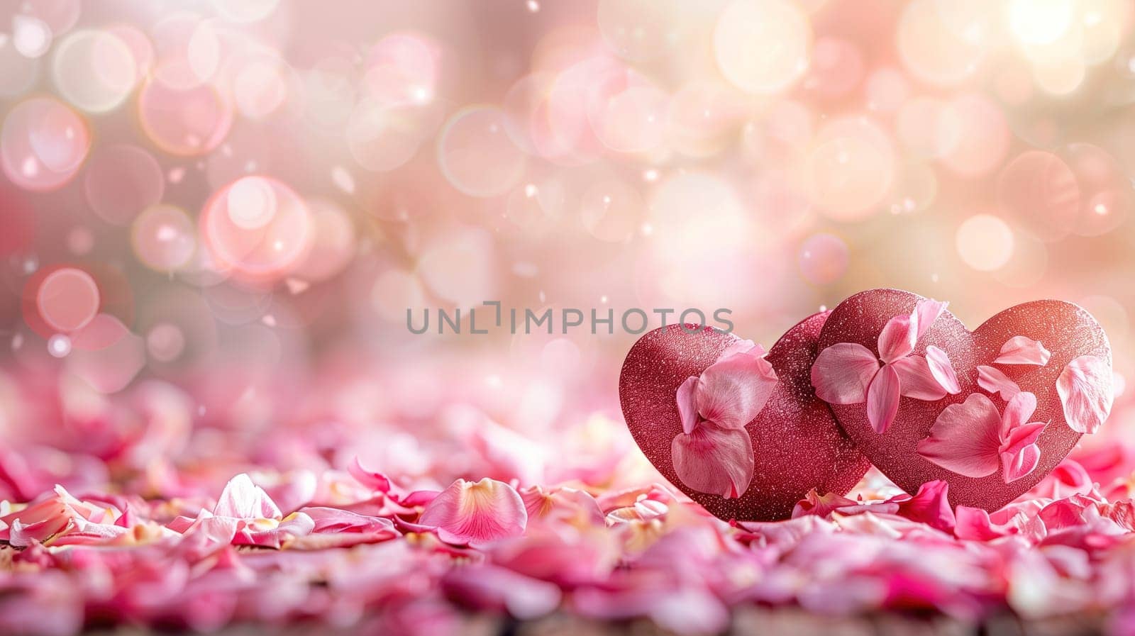 Two red hearts are placed delicately on top of a mound of various colored petals. The hearts and petals create a romantic and tender scene.