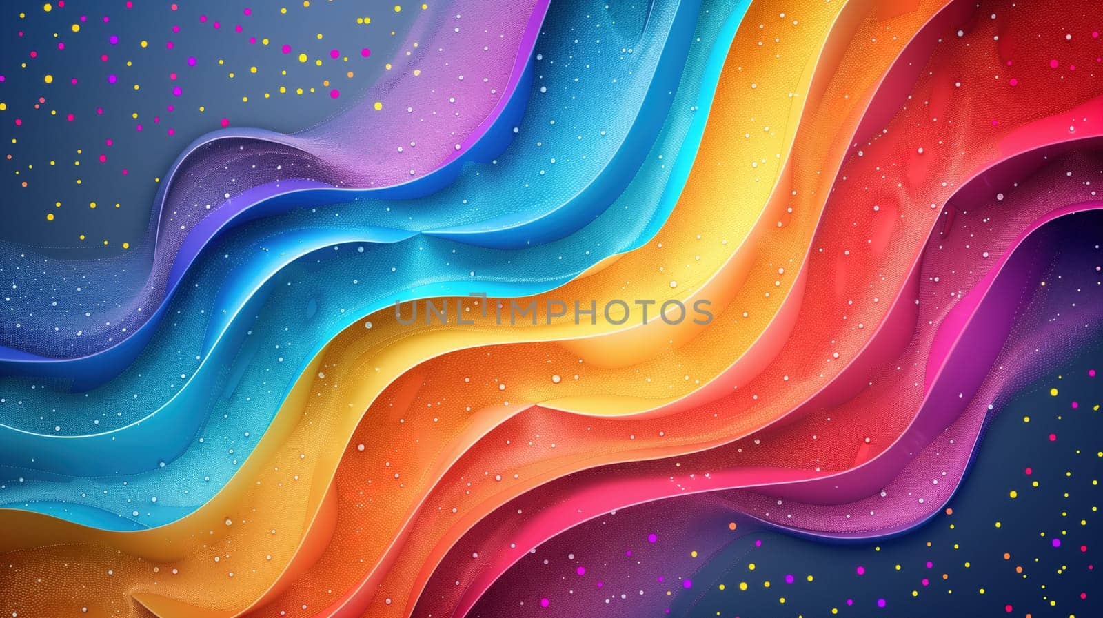 An array of vivid, undulating ribbons of color flow across the frame, symbolizing LGBT pride with their rainbow hues that merge and contrast beautifully on a speckled, starry backdrop, creating a sense of movement and celebration.