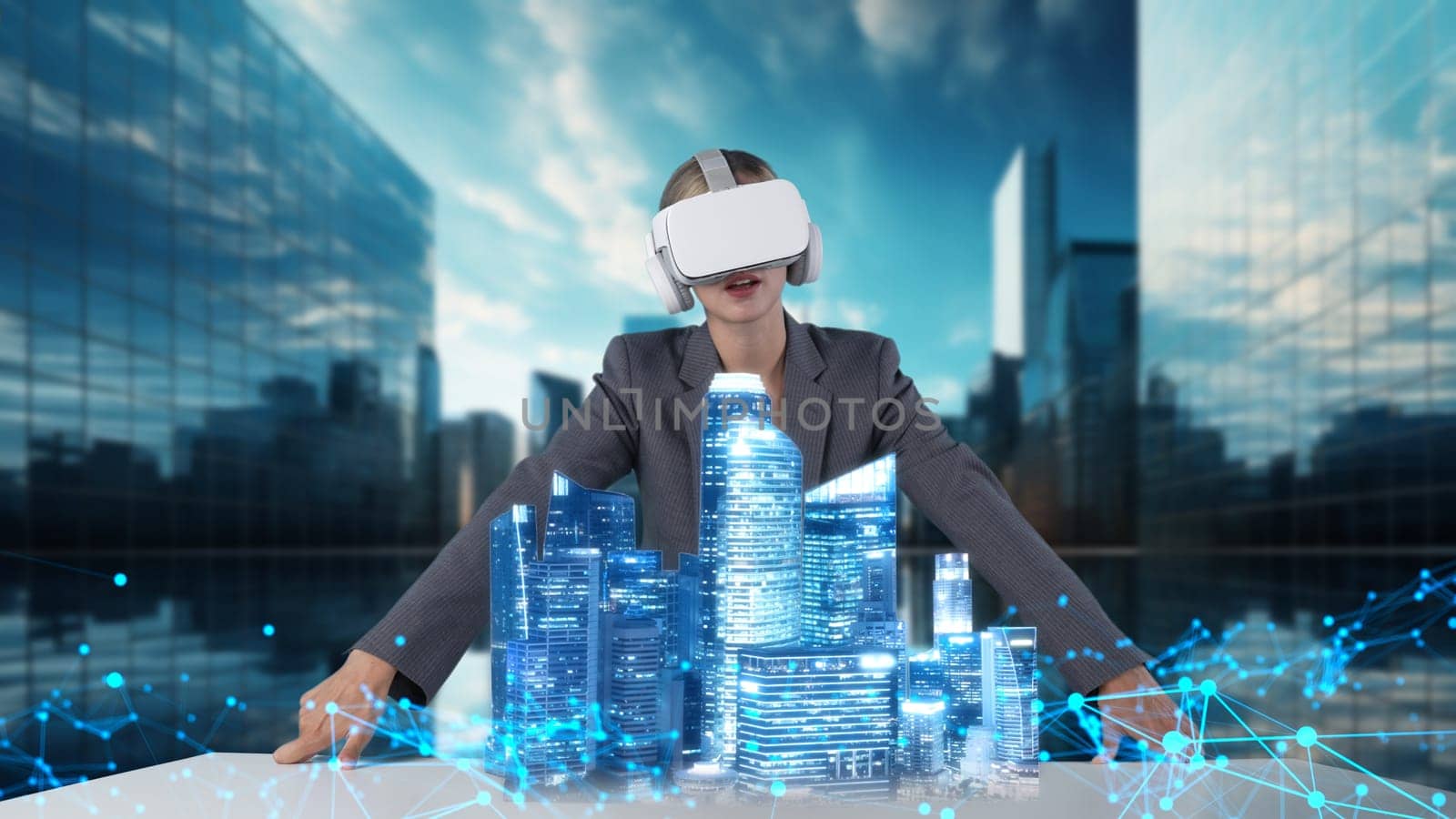 Civil engineer analyzing tower skyscraper hologram graphic via VR. Contraption. by biancoblue