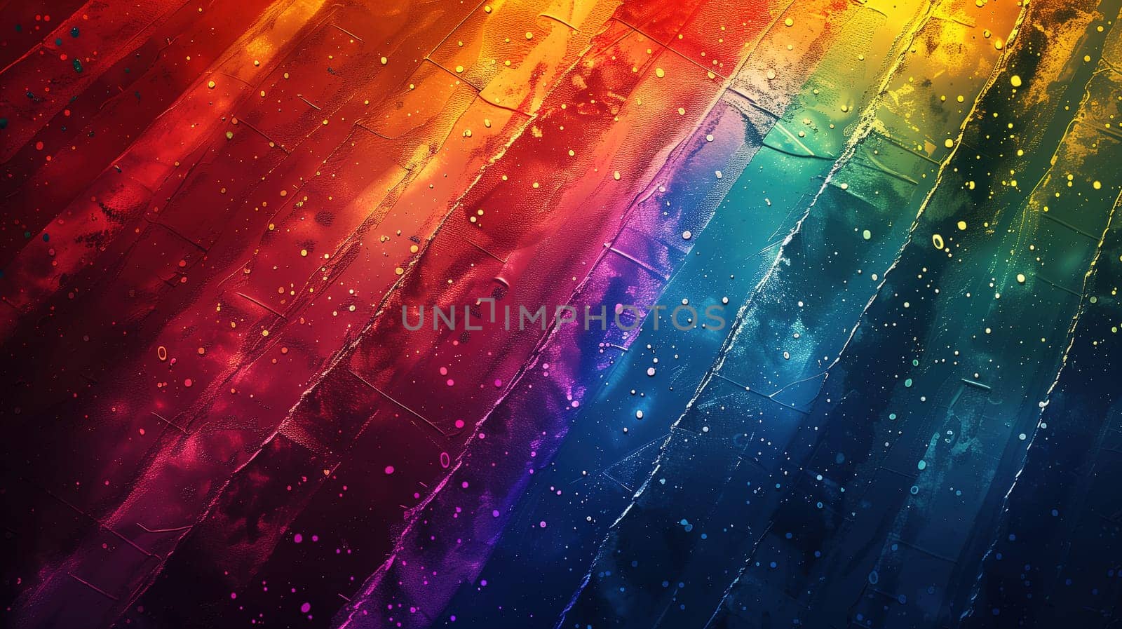 A dynamic display of rainbow hues runs diagonally across a textured surface, symbolizing LGBT pride through its vivid, saturated spectrum. Water droplets add a reflective quality, creating a sense of movement and energy as light shines through, casting a prism of colors representing diversity and inclusivity.