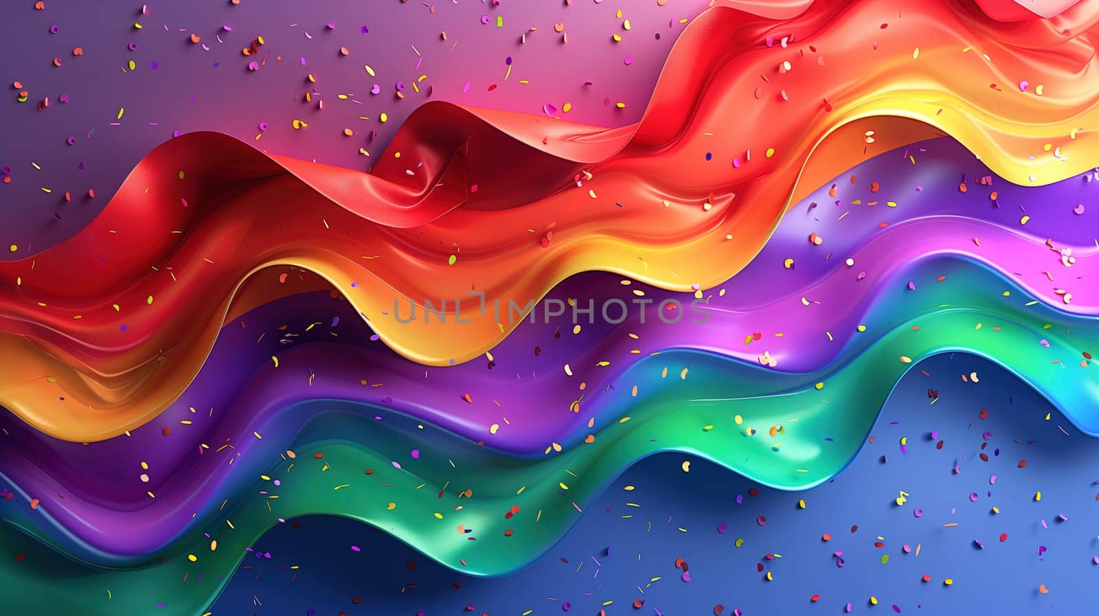 A dynamic display of the rainbow flag, symbolizing LGBT pride, ripples with its iconic spectrum of colors. It creates an atmosphere of inclusivity and celebration, and the sprinkles of confetti enhance the festive mood of unity and diversity.