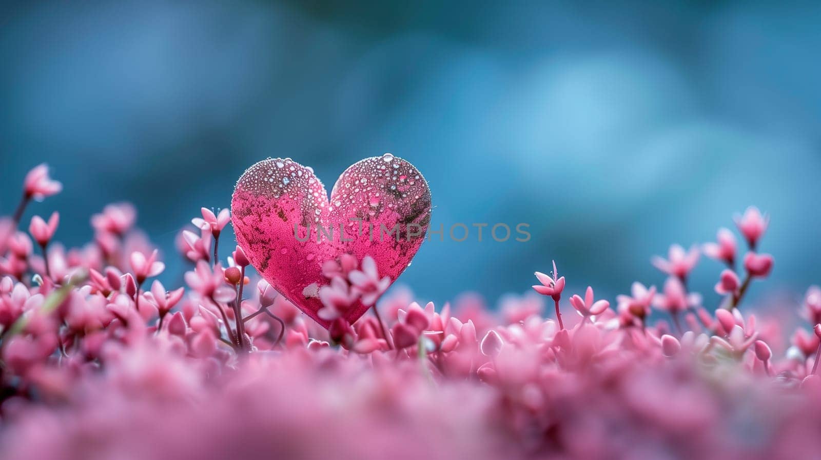 A heart-shaped object is situated amidst a field of pink flowers, creating a vibrant and eye-catching contrast against the natural background. The heart-shaped item stands out prominently against the sea of pink blooms.