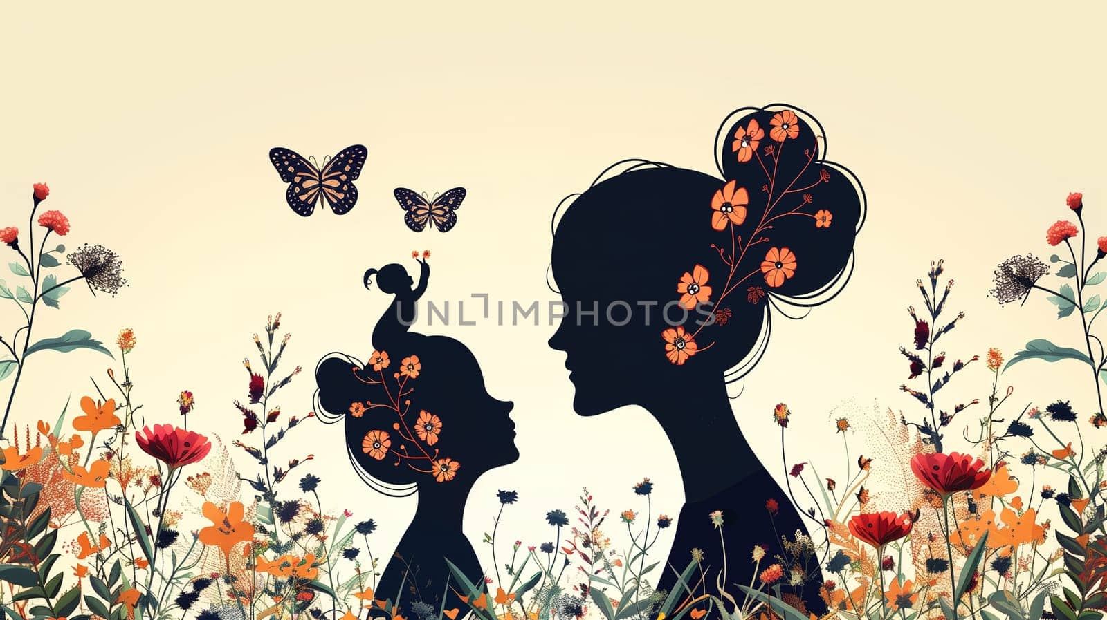 A woman and child are walking through a field of colorful flowers. The child holds the womans hand as they explore the vibrant flora surrounding them.