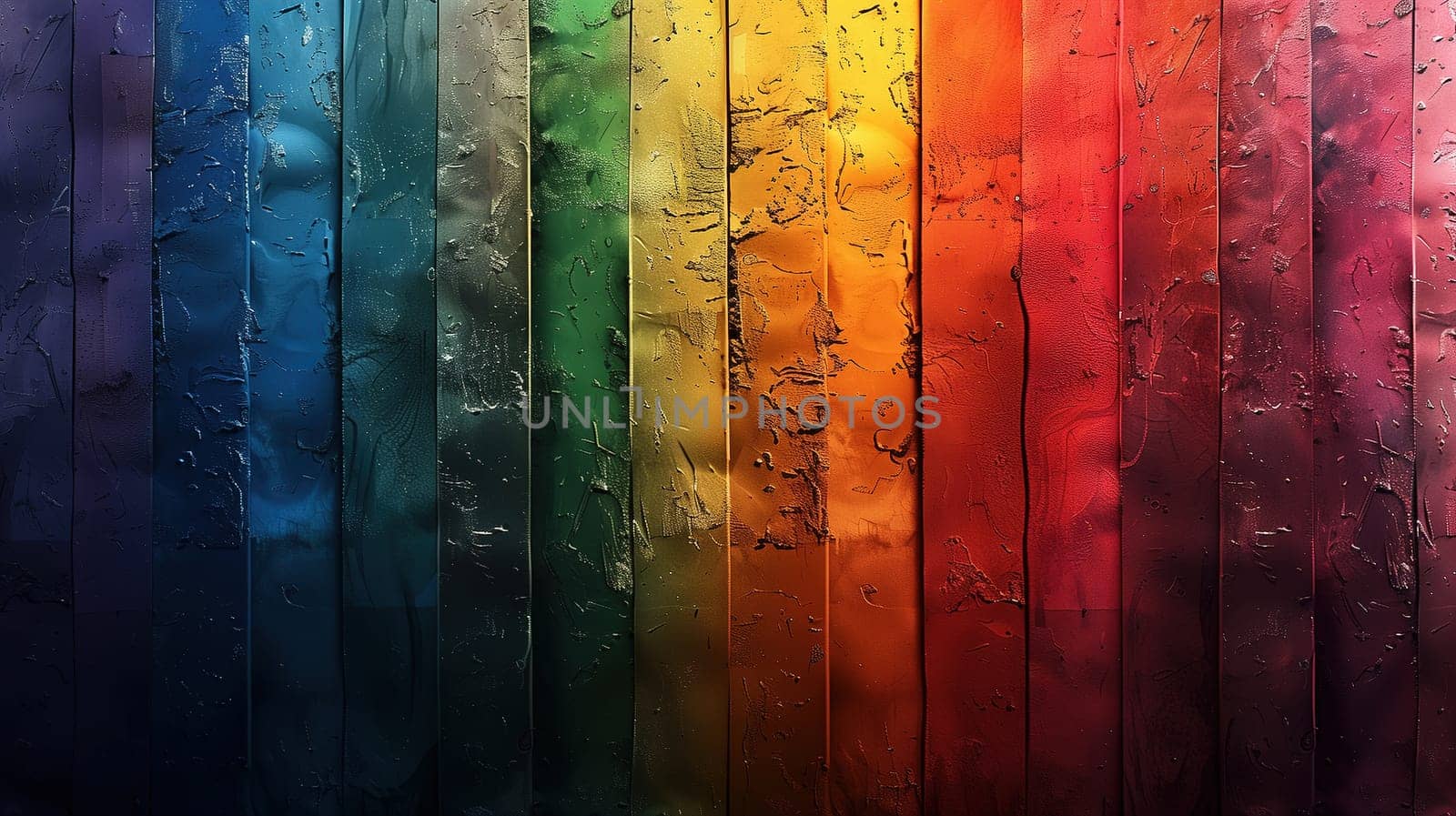 A spectrum of vivid rainbow colors streaks down a wet, reflective surface, symbolizing the diversity and vibrancy of the LGBT community. The droplets of water add texture and depth, enhancing the overall visual representation of pride and inclusivity.