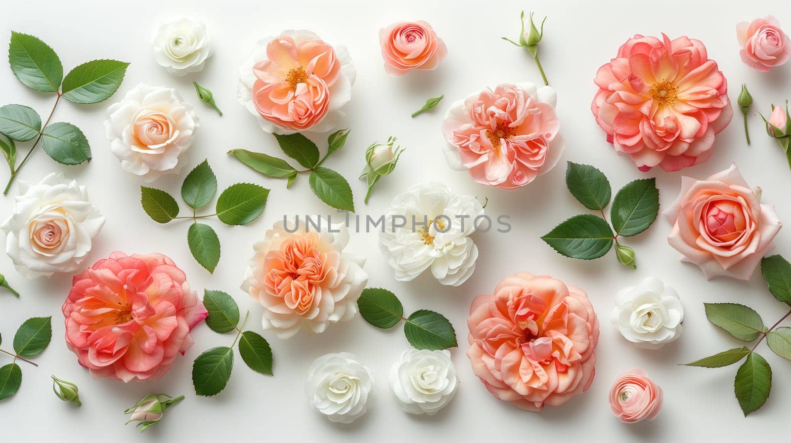 A cluster of pink and white flowers is neatly arranged on a smooth white surface. The bright colors of the flowers contrast beautifully with the clean background.