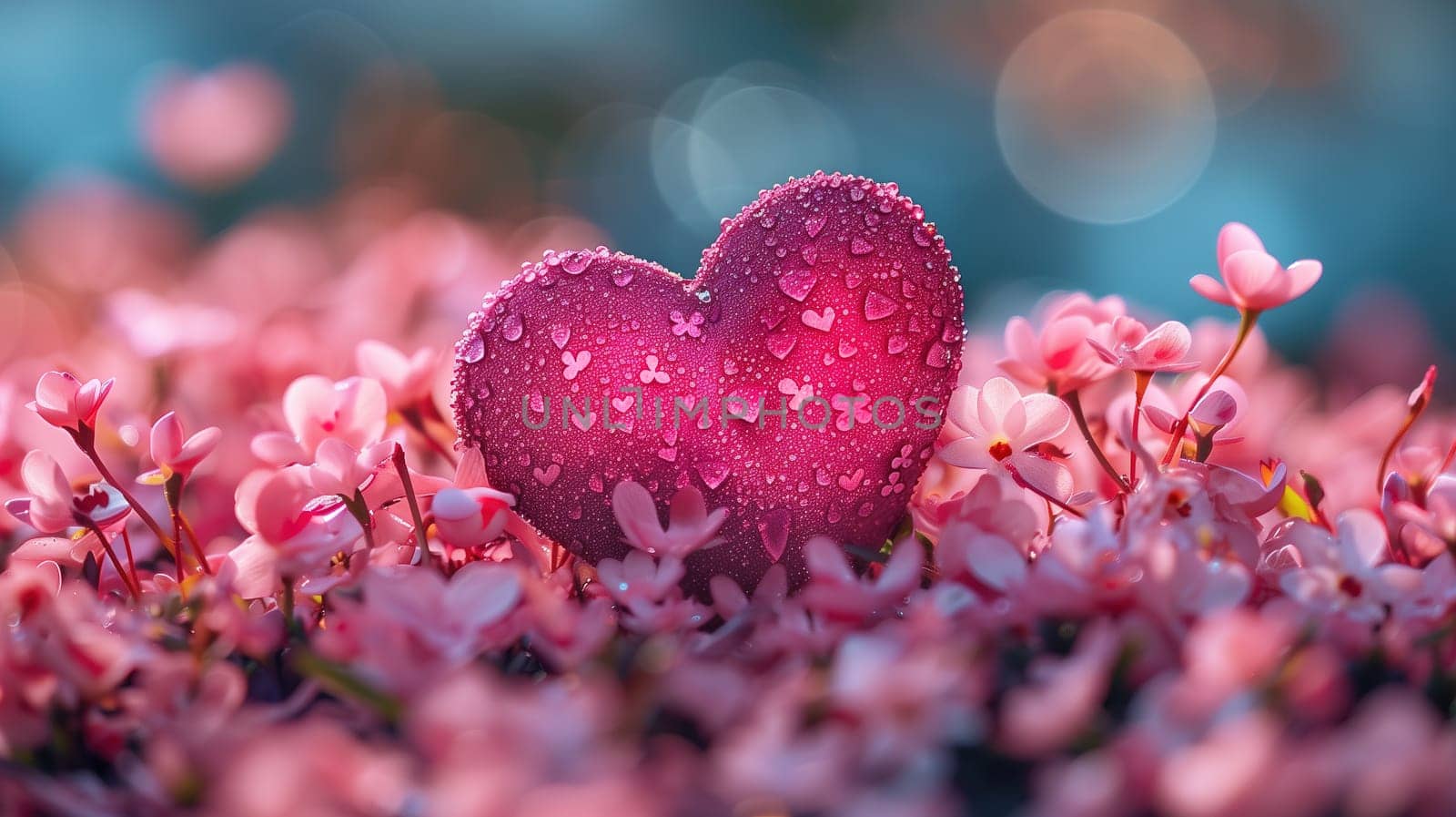 A heart-shaped object lies on top of a vibrant field of colorful flowers, creating a striking contrast against the natural backdrop.