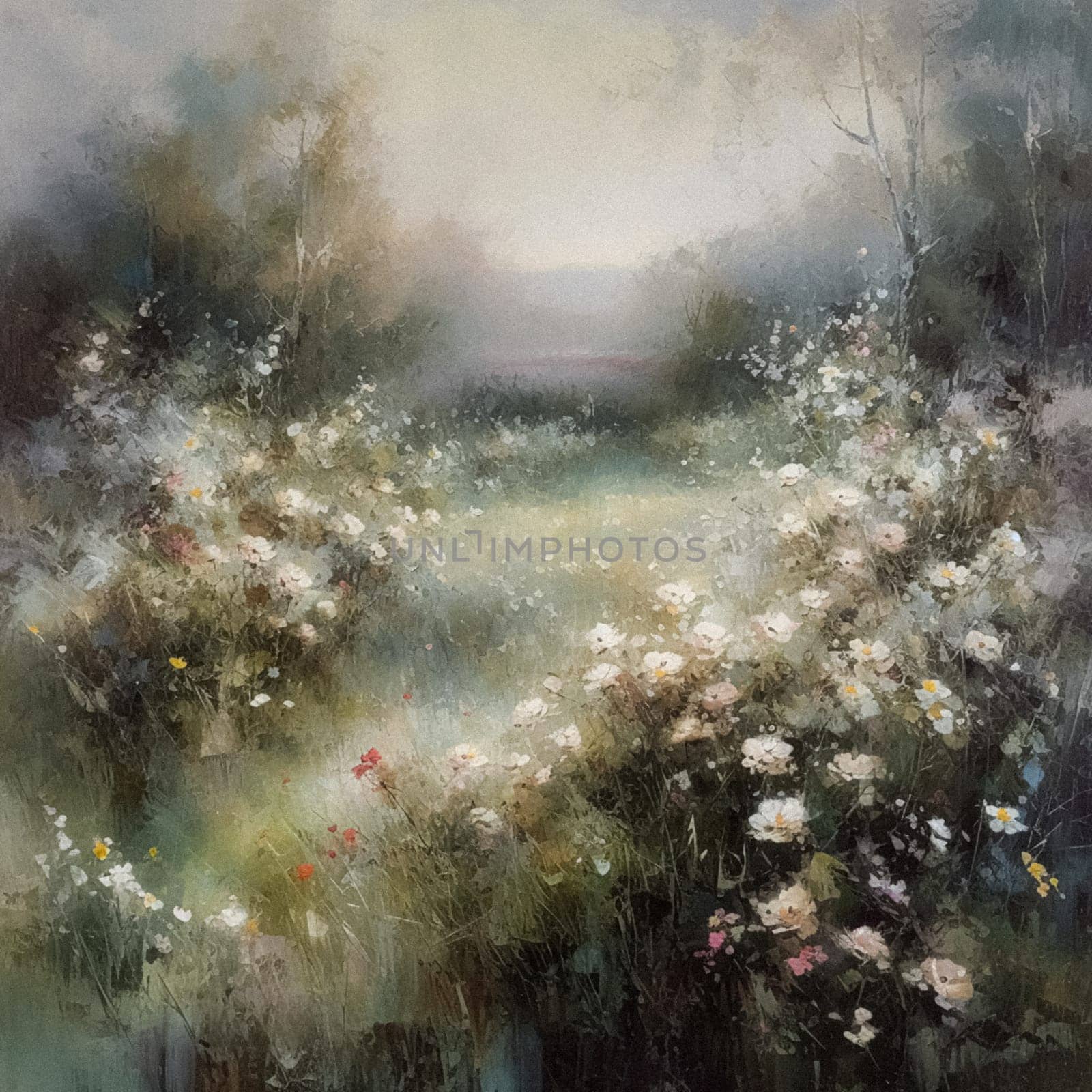 Oil style fine art painting of the English countryside, depicting romantic floral meadow, flowers field in soft pastel colours, evoking a sense of tranquility and natural beauty, printable art by Anneleven