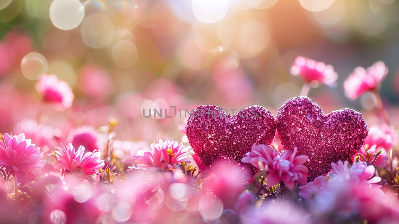 Three sparkling hearts stand amidst a vivid field of blooming pink flowers, symbolizing love and appreciation during an International Mothers Day concert. The warm glow of sunlight filters through, enhancing the festive and affectionate atmosphere of the event.
