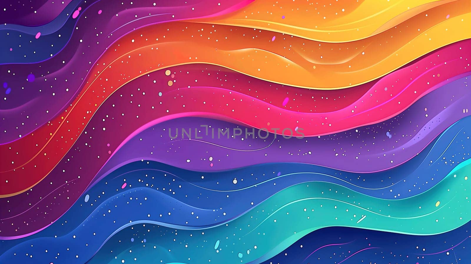 A dynamic and colorful background captures the essence of LGBT pride with waves of rainbow colors flowing across the canvas. The spectrum of hues represents diversity and inclusion, with a sprinkle of stardust-like speckles adding a magical touch to the overall design, celebrating equality and love.