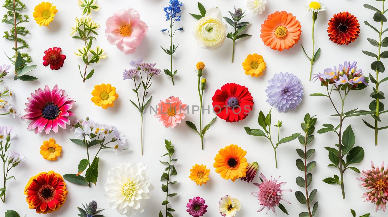 A variety of vibrant colored flowers scattered across a clean white surface, showcasing a range of hues and shapes in a festive display for an International Mothers Day concert.