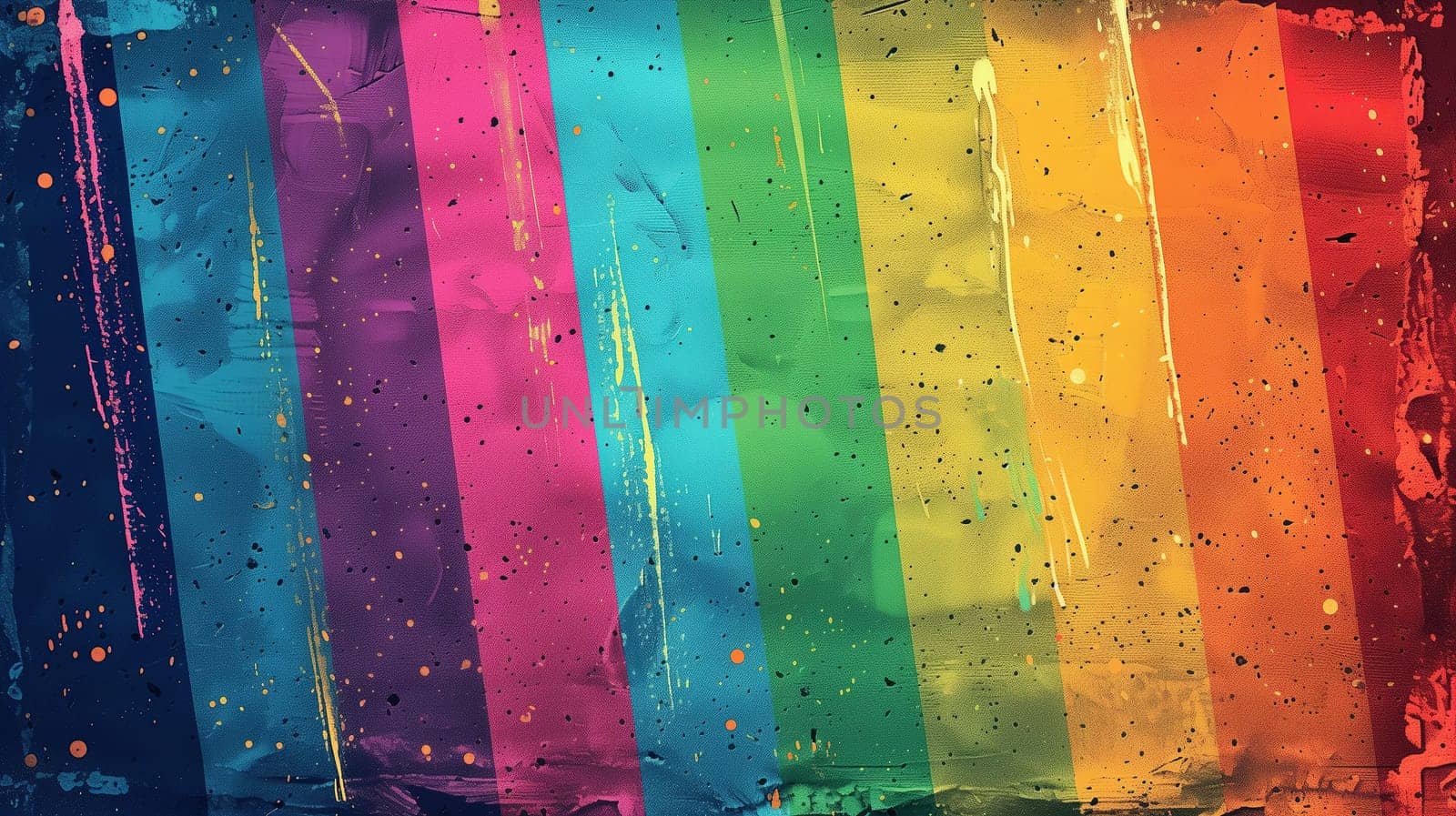 A canvas displays a series of bold vertical paint streaks in the colors of the rainbow, symbolizing LGBT pride. The vivid hues are dripping and blending into one another, with speckles of paint adding to the dynamic texture of the artwork.