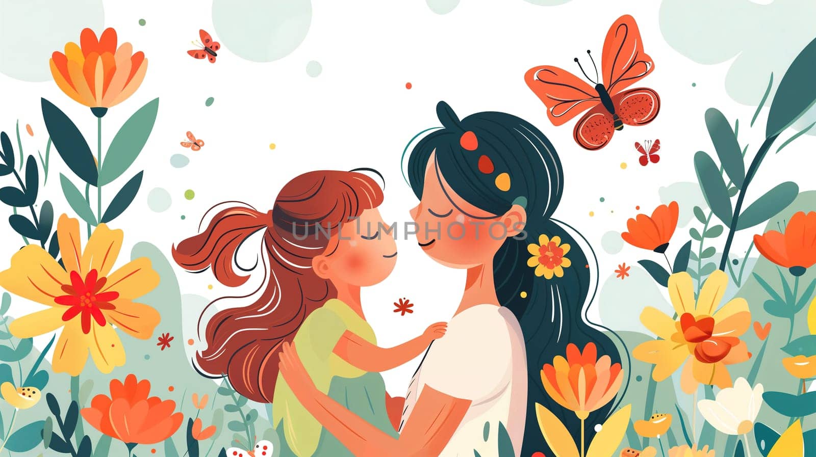 A mother embraces her daughter lovingly amidst a field of colorful flowers. The mothers arms are wrapped around her daughter, expressing affection and warmth in a natural setting.