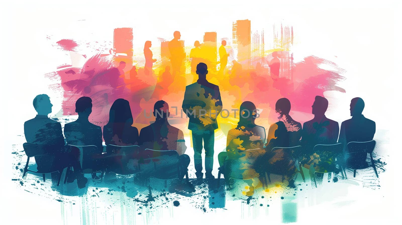 A group of silhouetted individuals is seated with one standing person in the center, set against a vibrant backdrop splashed with rainbow colors symbolizing LGBT pride. The outline of a metropolitan skyline merges into the vivid display, reflecting a sense of community and diversity.