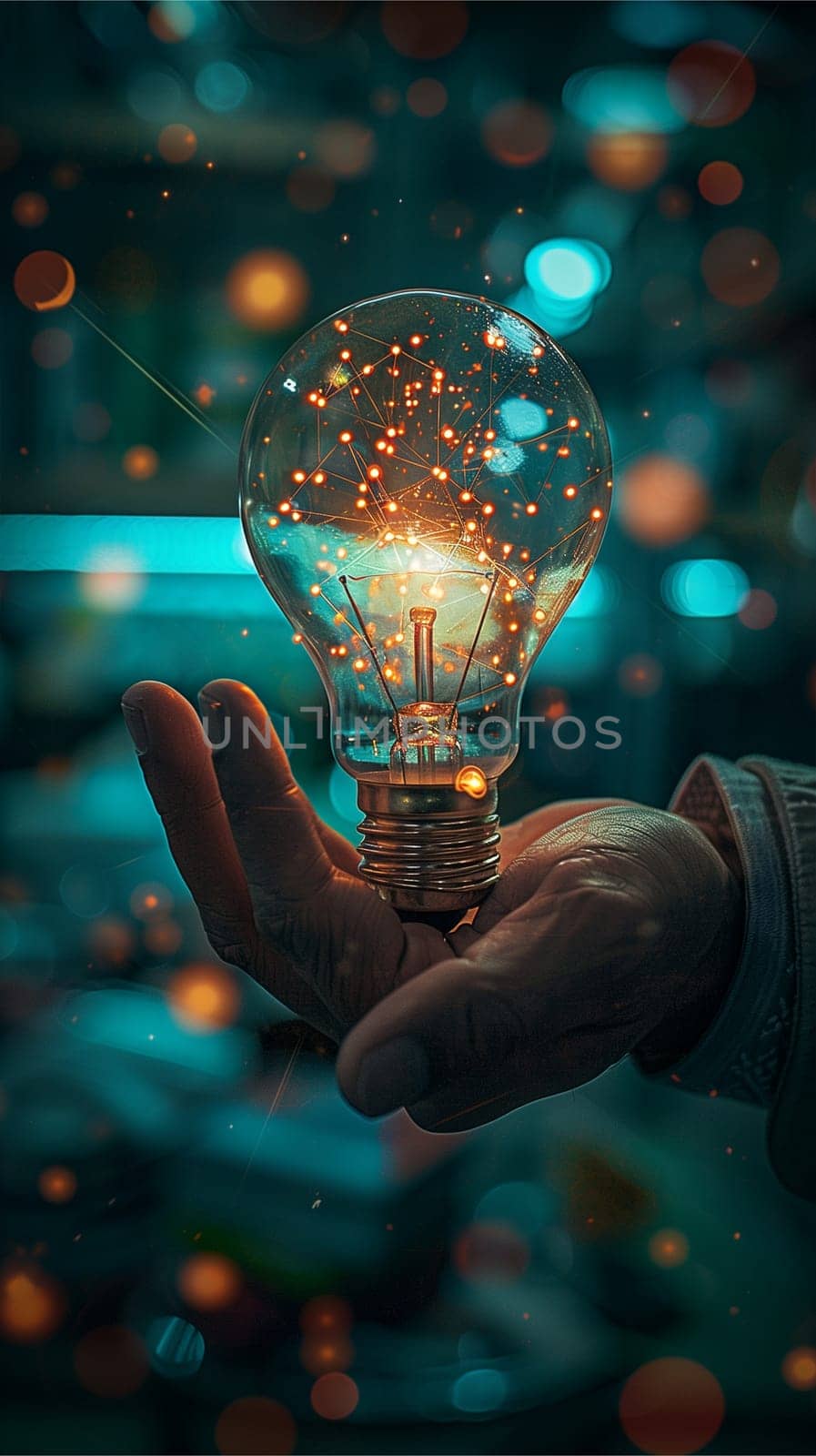 A person holds a sparkling light bulb on their palm, its glow illuminating the surrounding magical bokeh lights.
