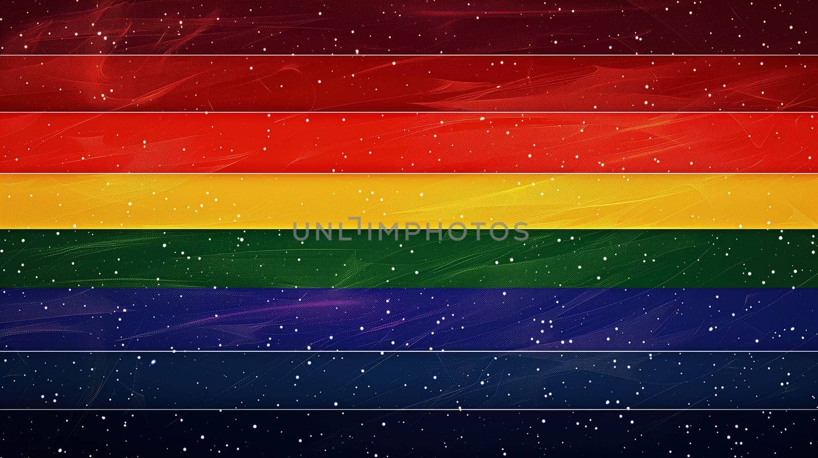 A colorful representation of the LGBT pride flag with the six familiar rainbow stripes set against a cosmic, star-studded background, symbolizing unity and diversity within the cosmos.