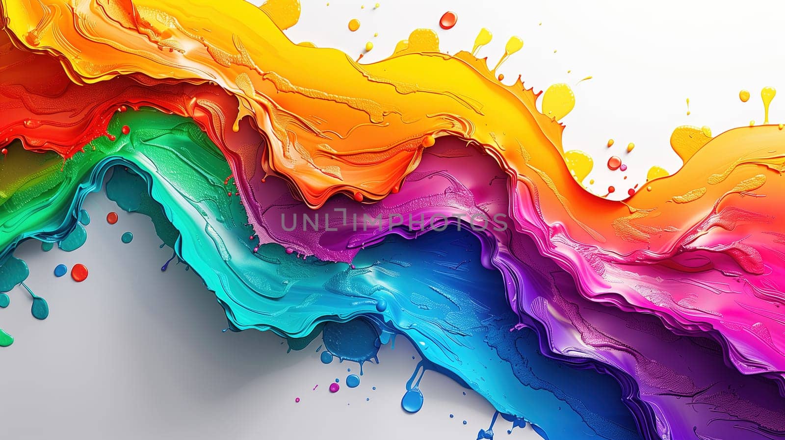 A dynamic swirl of vivid, flowing colors creates a rainbow spectrum on a flat surface, symbolizing LGBT pride and diversity. The flowing acrylic paints blend into one another, reflecting the unity and inclusivity of the pride movement.