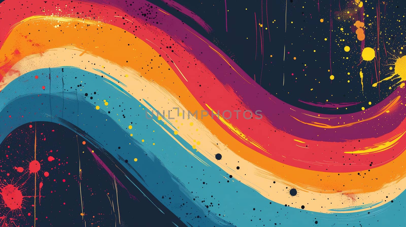 A vibrant multicolored wave rises dynamically against a stark black background in this striking painting. The waves colors blend and flow seamlessly, creating a visually captivating display that embodies the lgbt pride concept.