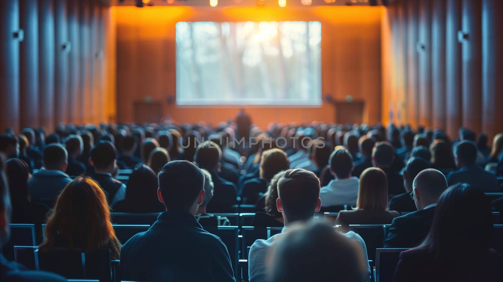 A group of people is gathered in a room, sitting in chairs facing a large projection screen. They appear focused on the screen, possibly attending a business presentation or seminar.