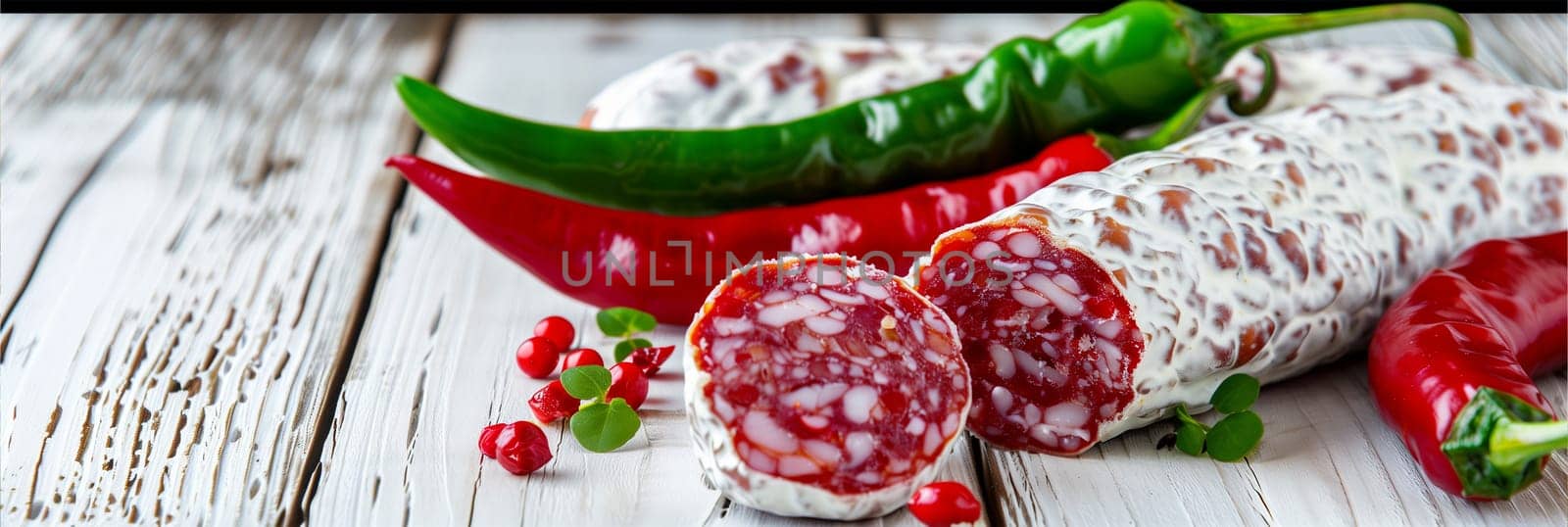 Sliced cured salami rolls are artfully arranged beside vibrant red and green chili peppers, garnished with peppercorns on a rustic wooden table.