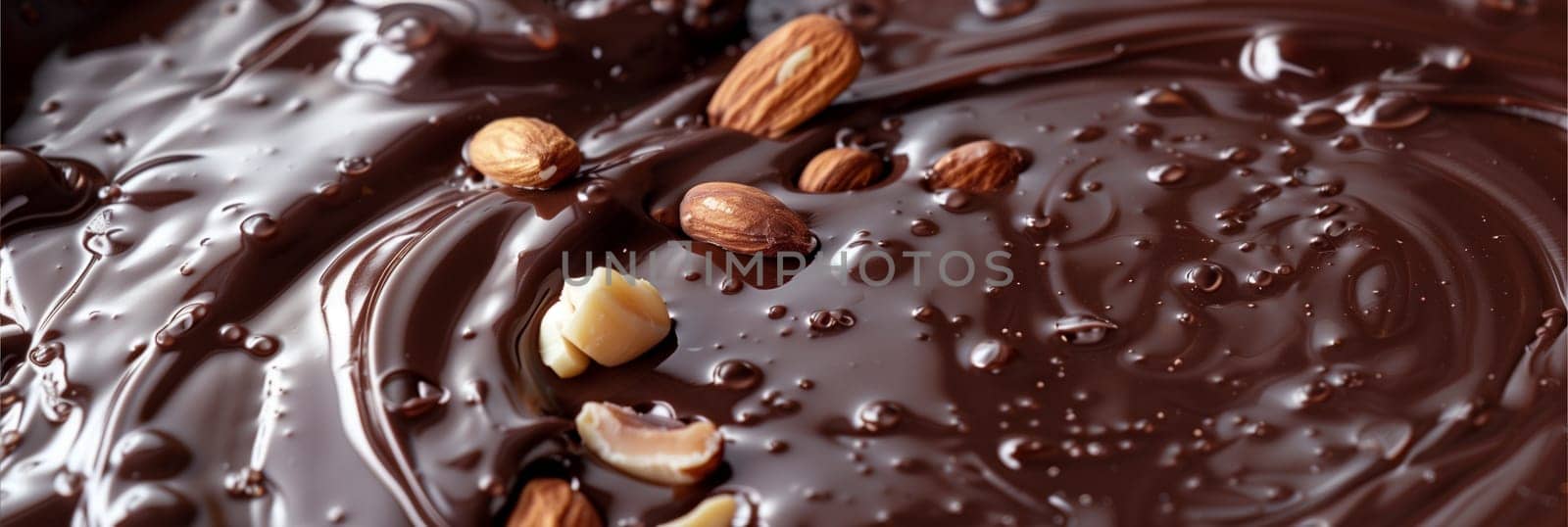 A detailed view of a chocolate cake topped with nuts, showcasing the rich texture and decadent flavor.