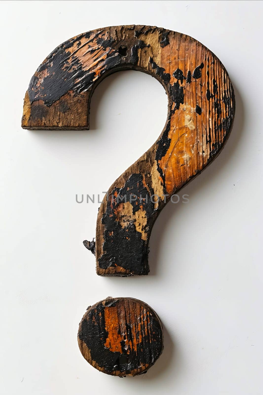 A wooden question mark with a hole in the middle. The question mark is old and has a lot of dirt and grime on it. Generative AI