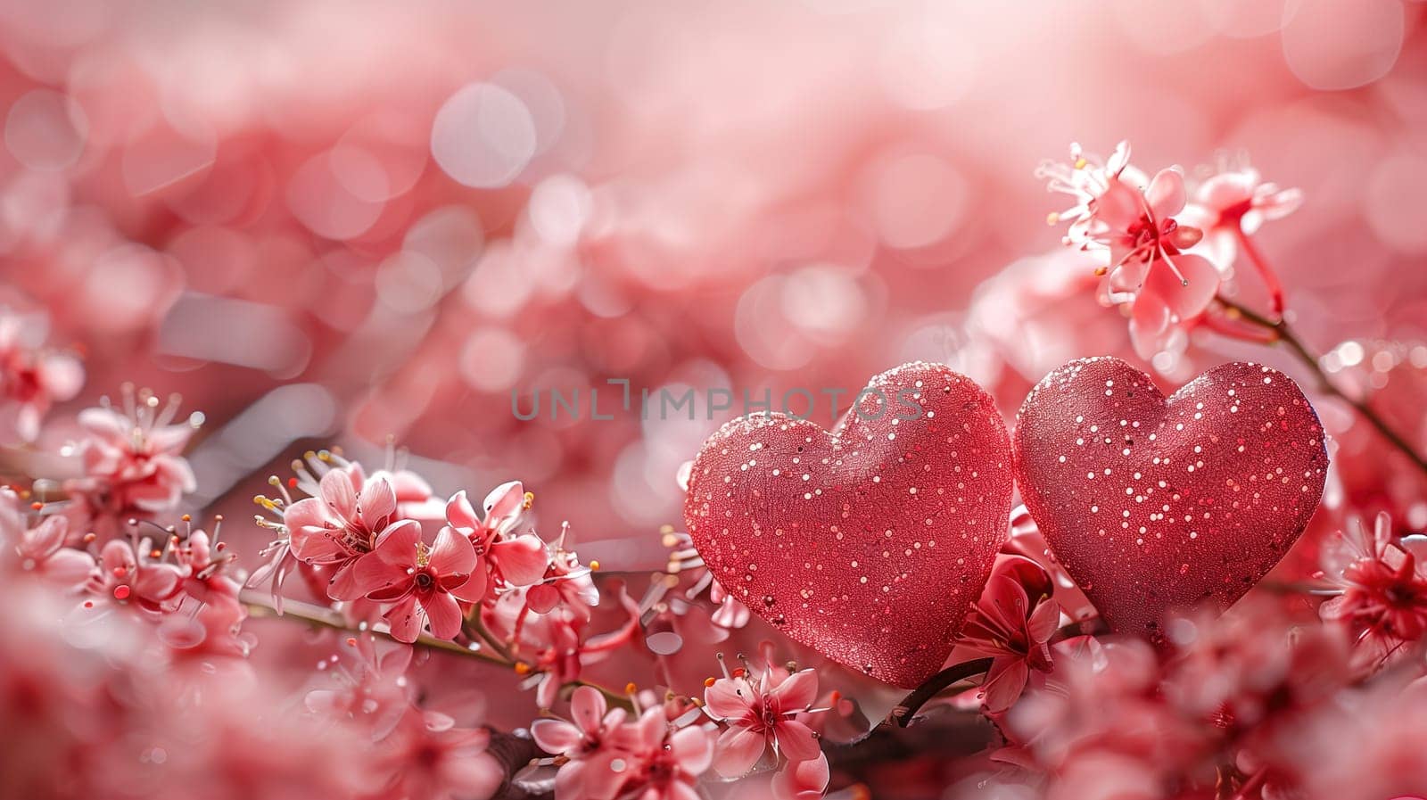 Two red hearts are perched on a tree branch, creating a striking contrast against the green leaves. The hearts stand out as they rest peacefully on the sturdy branch.