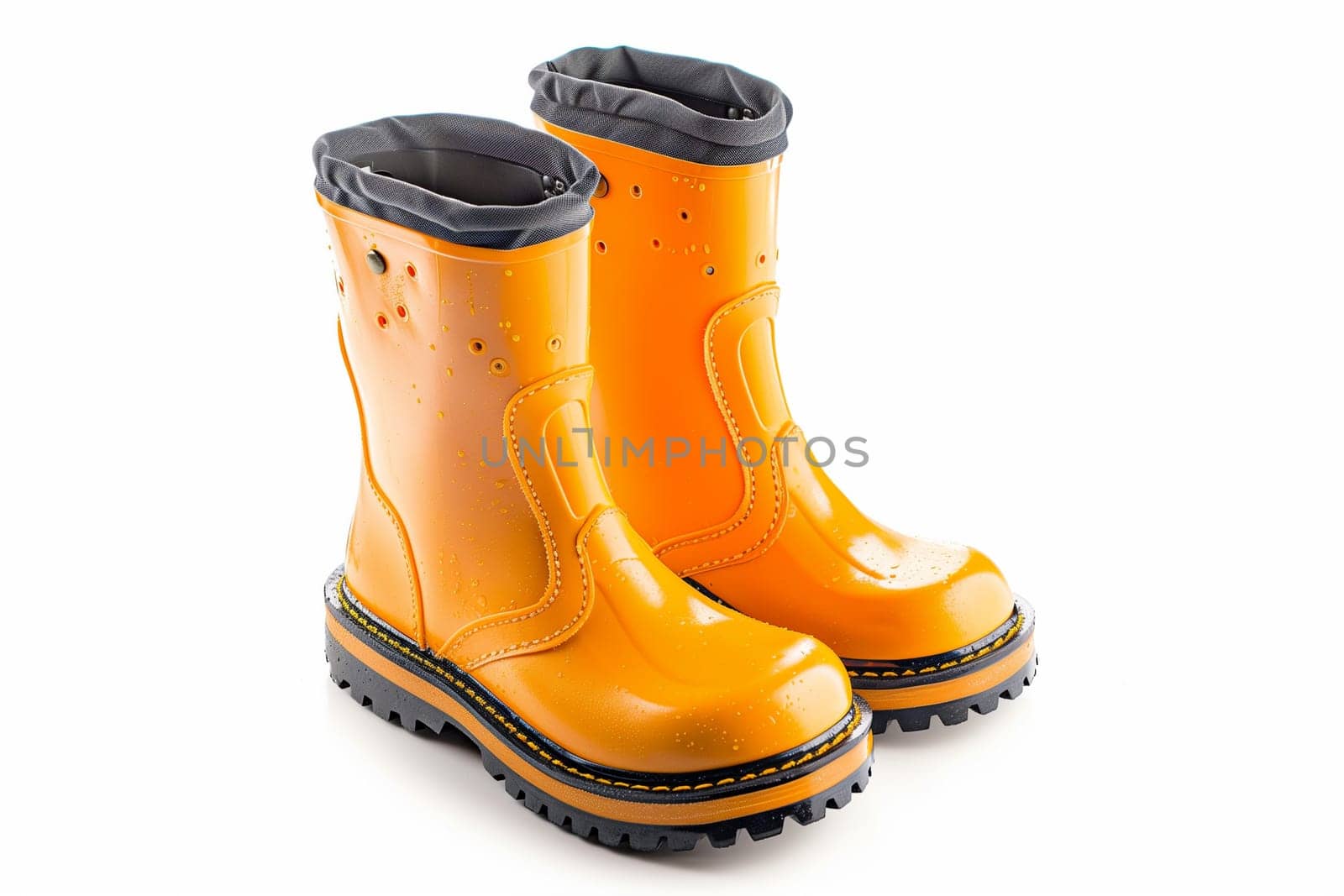 A pair of bright yellow boots placed on a clean white background, showcasing their vibrant color and sturdy design.