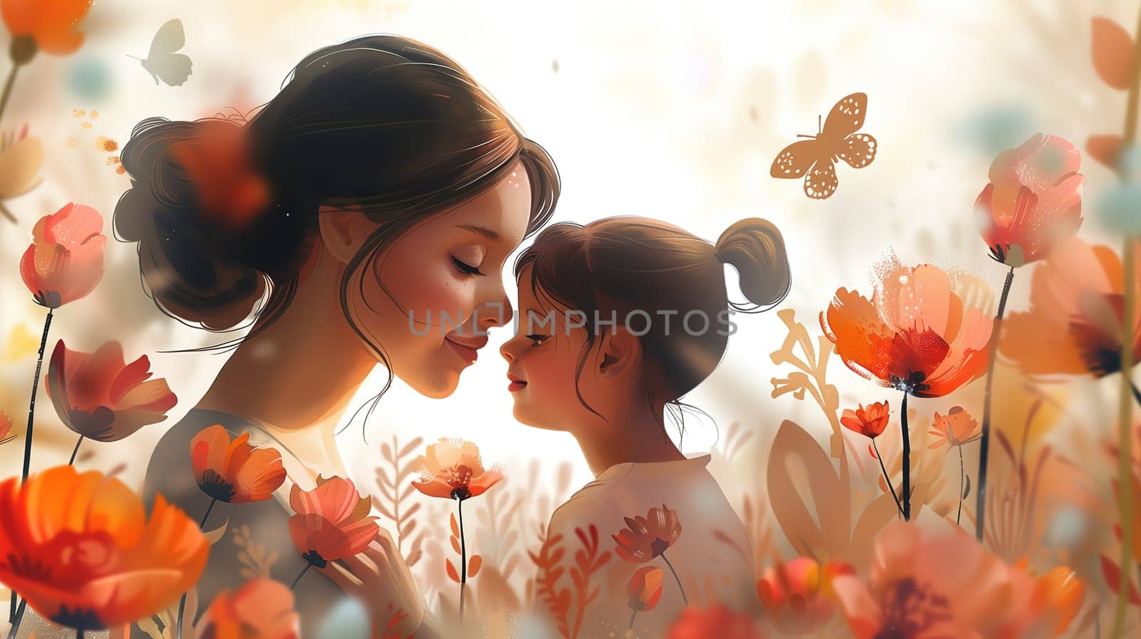 Woman and Child Standing in Field of Flowers by TRMK