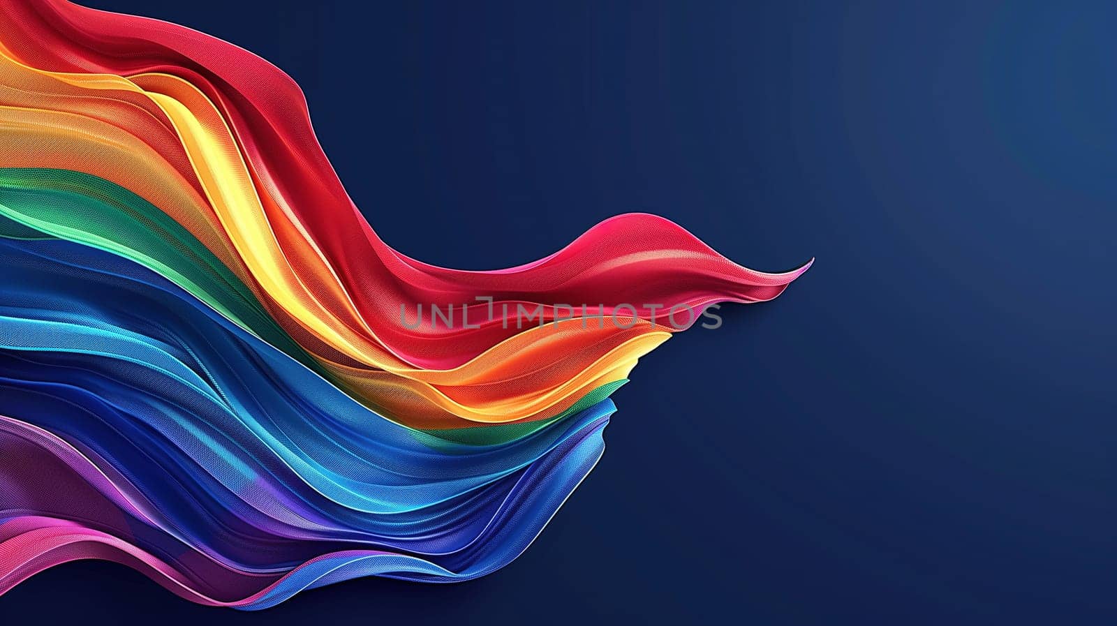 A vibrant multicolored wave of paper stands out against a blue background. The paper appears to be overlapping and arranged in a flowing pattern, creating a visually striking display of colors and textures.