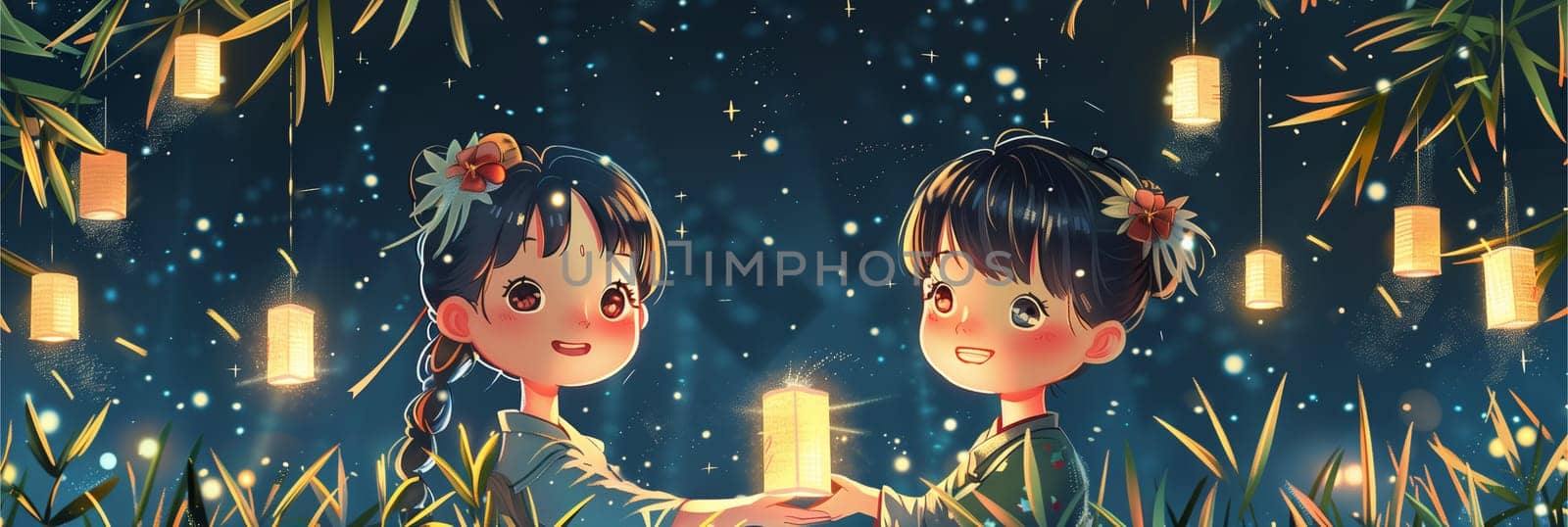 Twin girls with matching outfits and hairstyles joyfully hold a sparkling firework amidst a bamboo grove lit by floating lanterns under a starry sky.