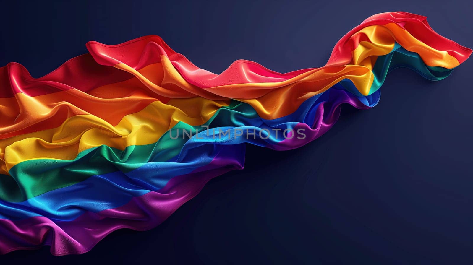 A brightly colored rainbow flag representing LGBT pride and solidarity waves gently, its folds catching light, against a contrasting dark blue backdrop. The flag is captured in a still moment, conveying a sense of motion and the diversity of the LGBT community.