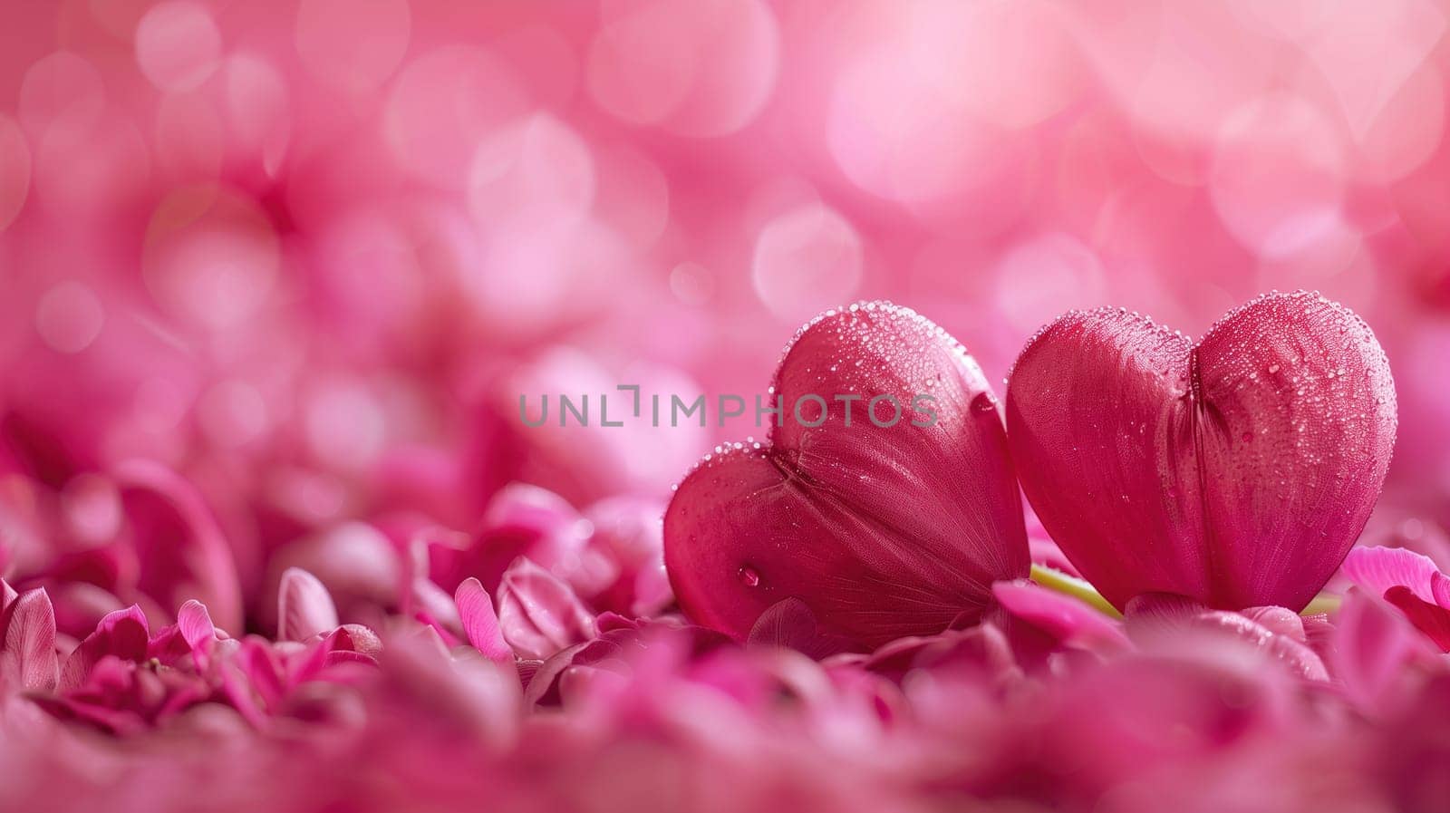 A close-up view captures the delicate arrangement of pink, heart-shaped petals used to adorn the venue for an International Mothers Day concert, conveying a sense of love and appreciation. The soft focus highlights the heart-shaped detail, providing a warm and inviting ambiance for the celebratory event.