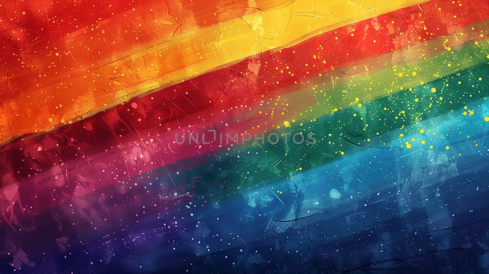 A vibrant rainbow colored background adorned with stars and spots, creating a festive and colorful atmosphere. The stars and spots are scattered across the rainbow backdrop, adding a touch of whimsy and brightness.