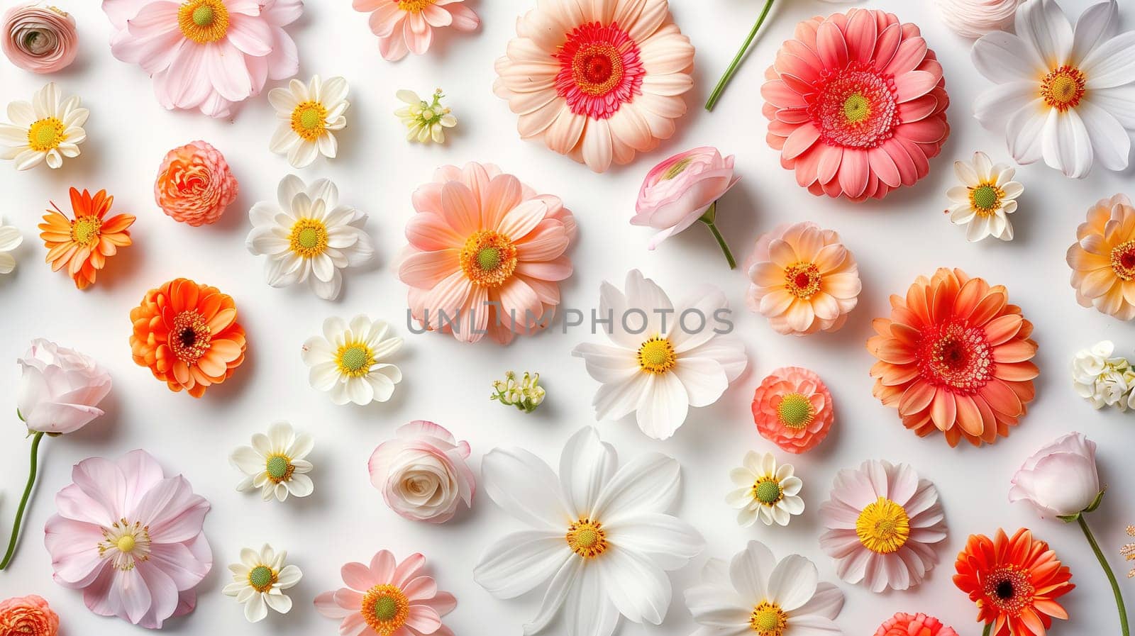 Various colored flowers, including roses, daisies, and tulips, are scattered across a clean white tabletop. Each flower showcases its unique hue and texture, creating a visually appealing display.