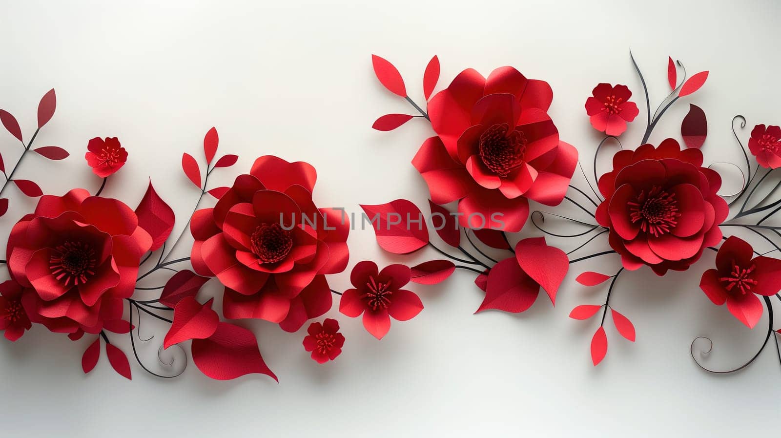 Bright red paper flowers elegantly arranged against a clean white wall, creating a striking visual contrast and adding a pop of color to the room.