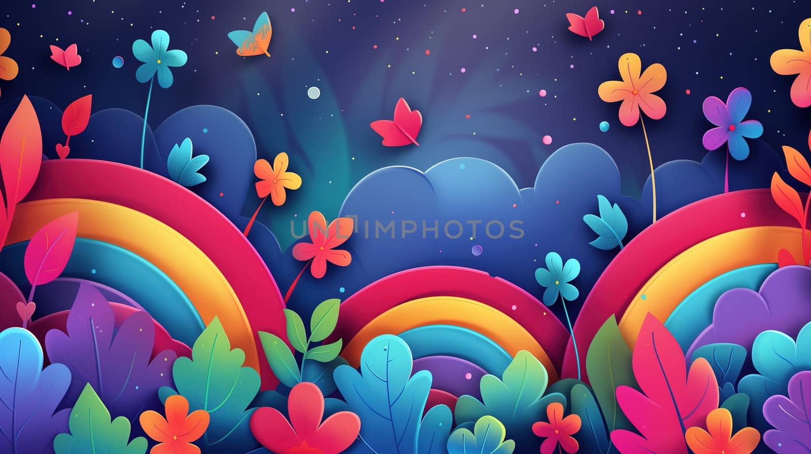 Various vibrant flowers and butterflies fluttering around in a rainbow-colored background, creating a lively and colorful scene.