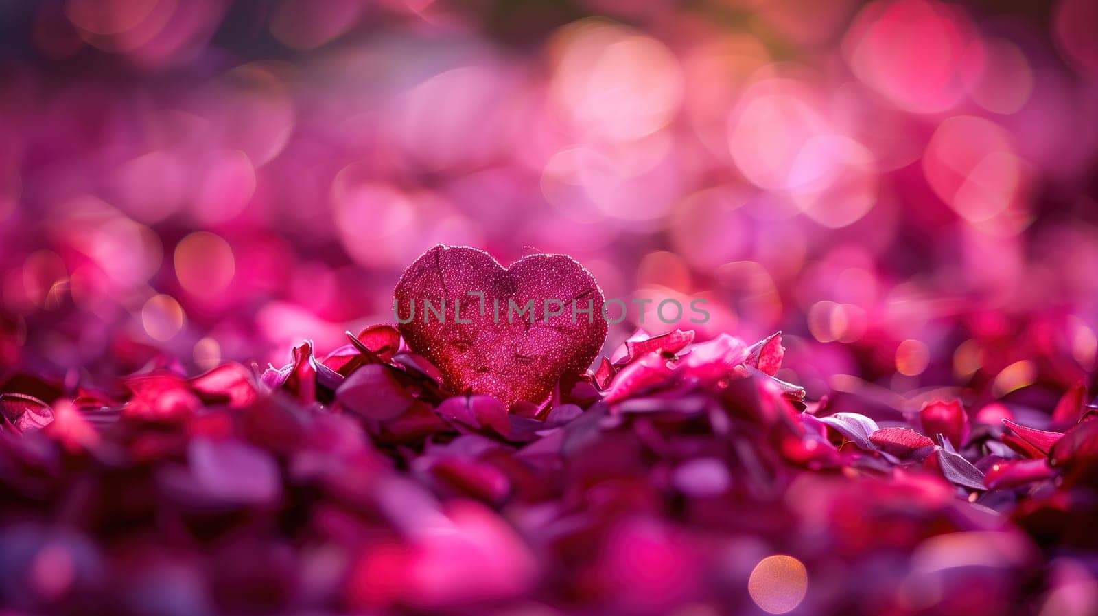 A heart-shaped object is placed in the middle of a bed of colorful flowers. The contrast between the shape and the vibrant flowers creates a visually striking scene.