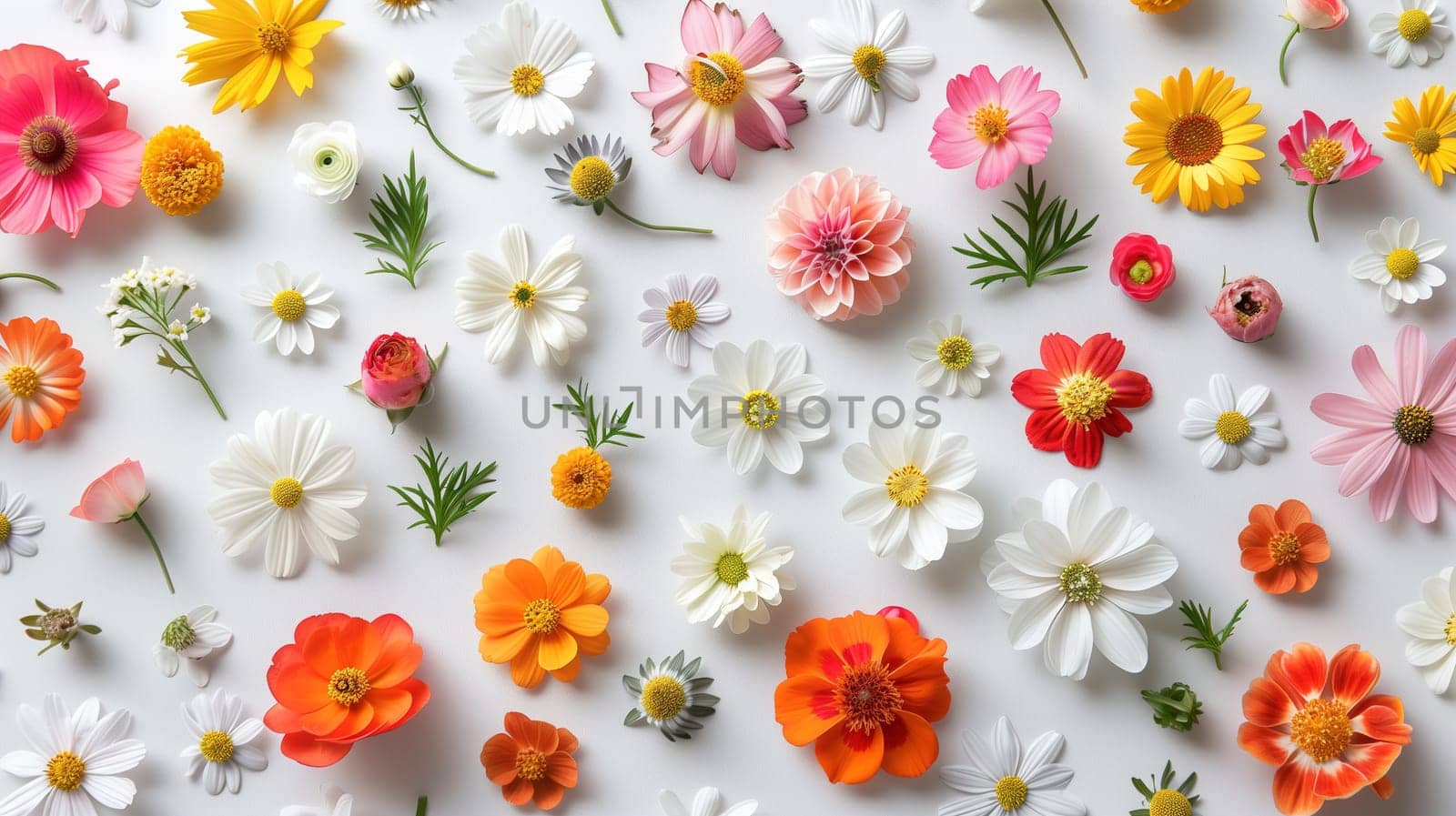 A variety of different colored flowers are scattered across a clean white surface, creating a vibrant and lively display. The flowers showcase a range of colors, shapes, and sizes, adding a pop of color to the white background.