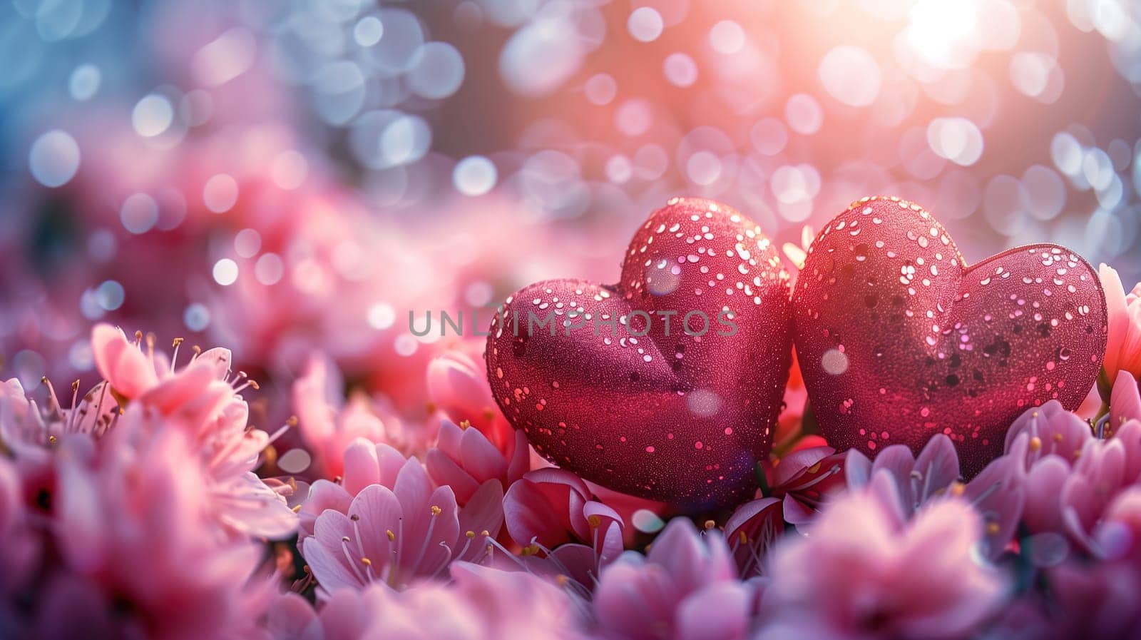 A vibrant display of affection at an International Mothers Day concert features heart-shaped ornaments with delicate water droplets nestled in a bed of pink blossoming flowers, illuminated by a soft glowing light that creates a warm, celebratory atmosphere.
