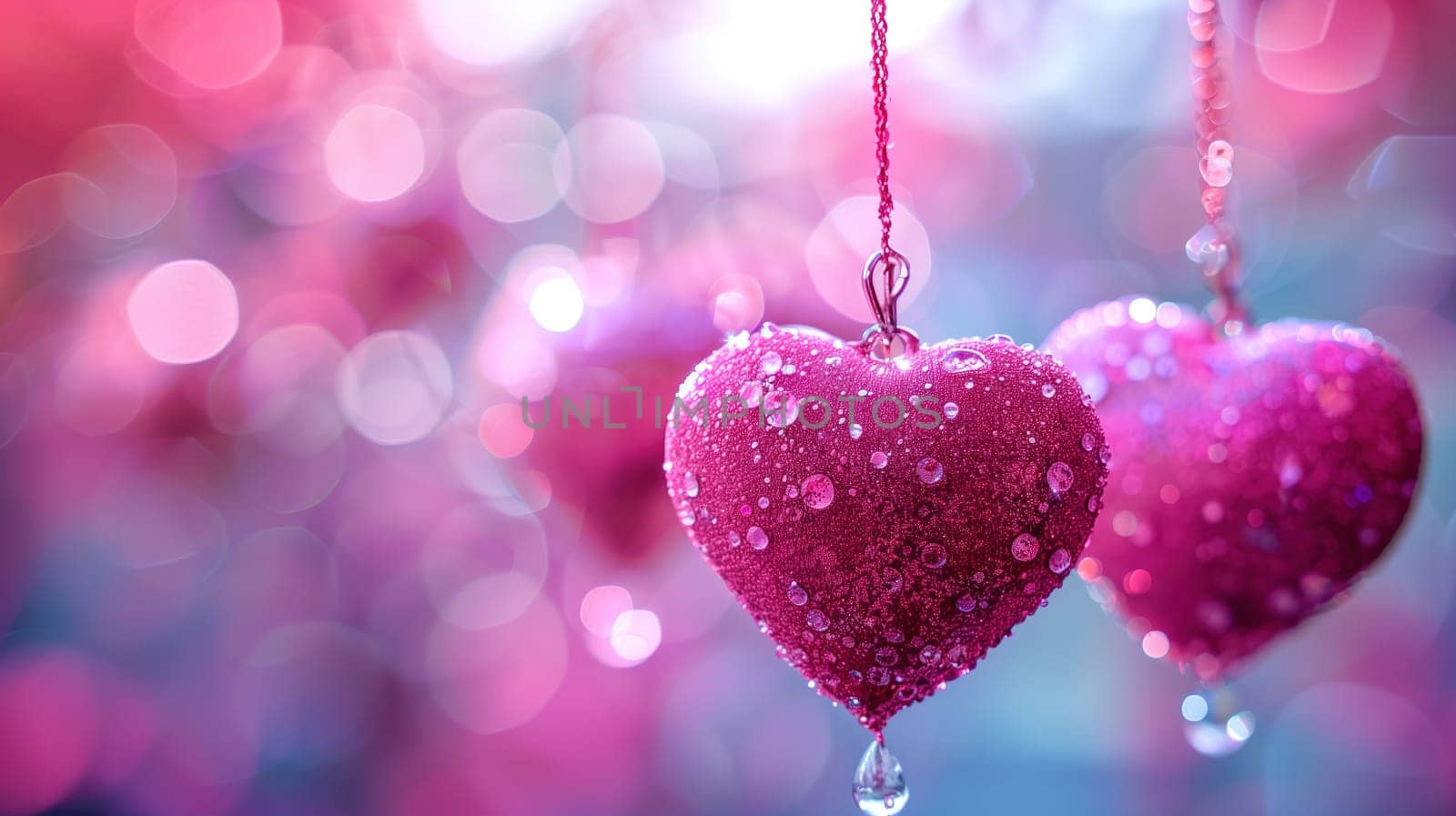 Two heart-shaped decorations embellished with sparkling beads hang against a softly blurred background of pink and purple hues, creating a festive atmosphere for an International Mothers Day concert celebration.