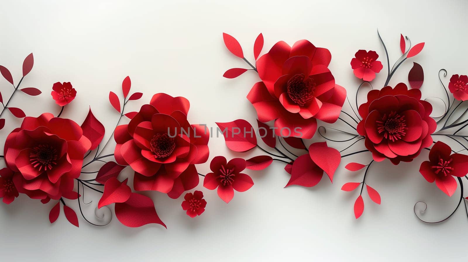 A cluster of vibrant red paper flowers arranged neatly on a pristine white wall. The bold color of the flowers pops against the clean background, creating a striking visual contrast.